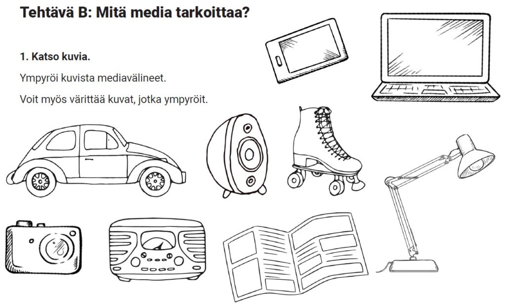 Kuva tehtävästä, jossa eroteltava kuvista mediavälineitä.
